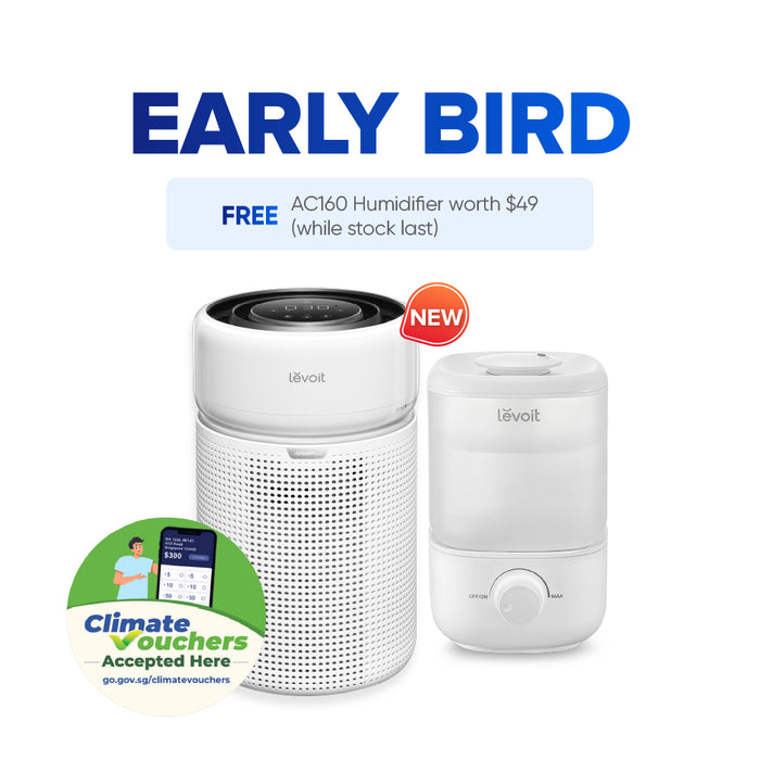 White Levoit air purifier with top control screen and cylindrical HEPA filter panel