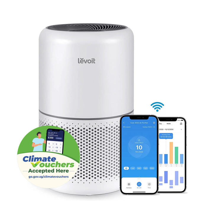 White smart air purifier with climate voucher badge and phone app screens