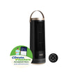 Black portable tower fan with handle, shown with a circular badge