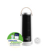 Mini tower fan with handle, black grille, white base, plus round remote controller