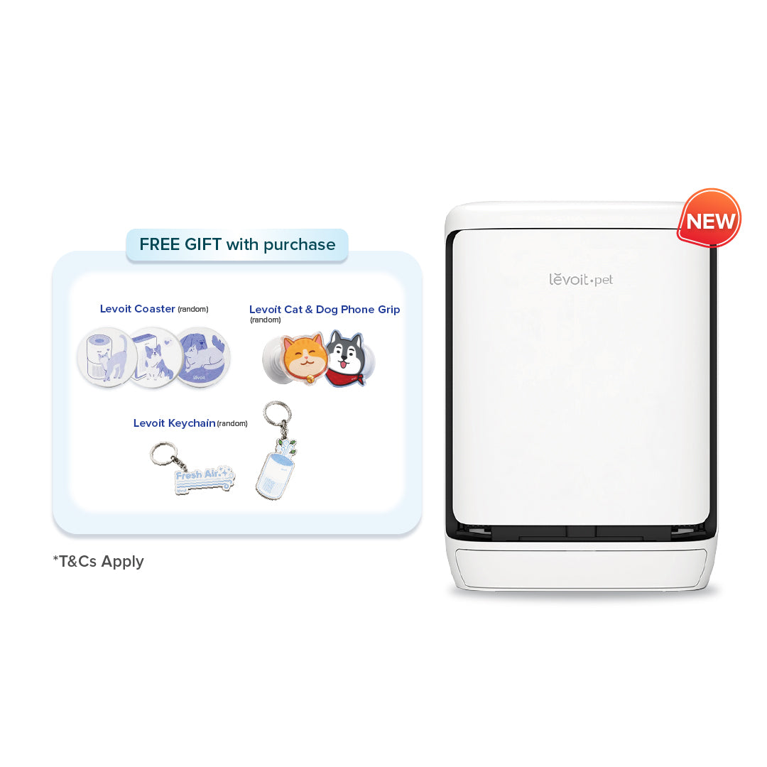 Smart pet air purifier promo graphic with accessory bundle and purifier front view