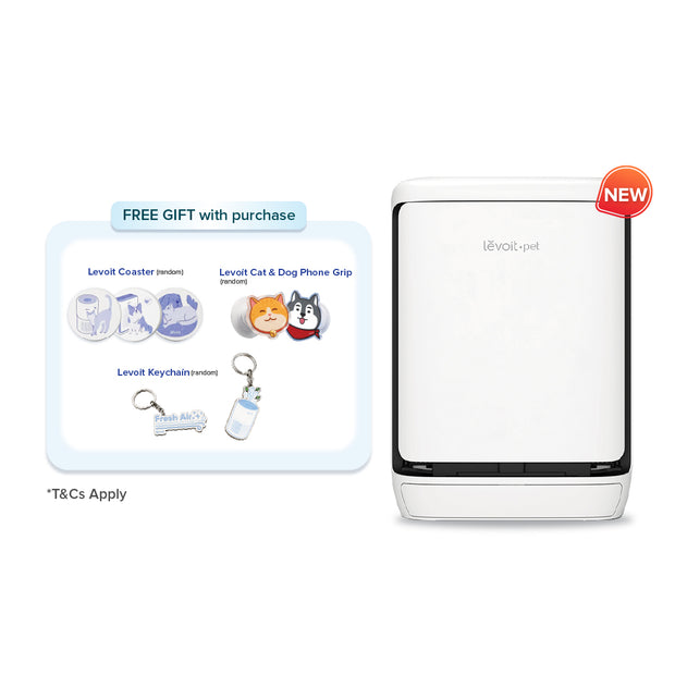 Smart pet air purifier promo graphic with accessory bundle and purifier front view