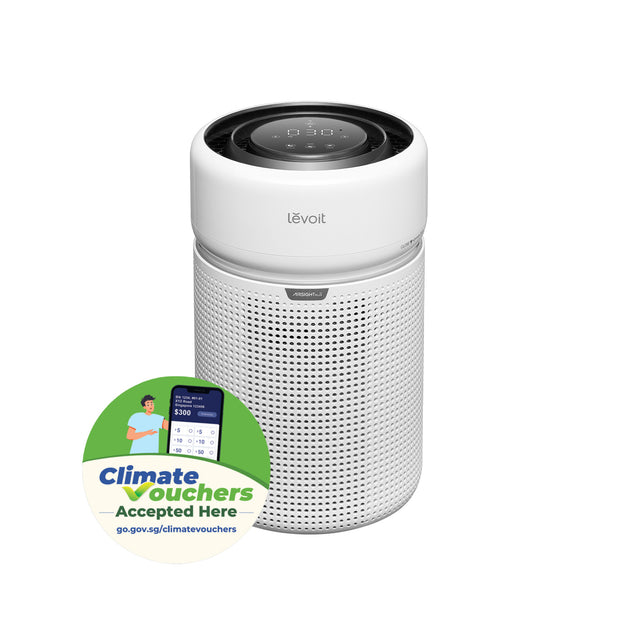 Levoit Eleva 300x smart air purifier, white cylinder with perforated grille and top control panel
