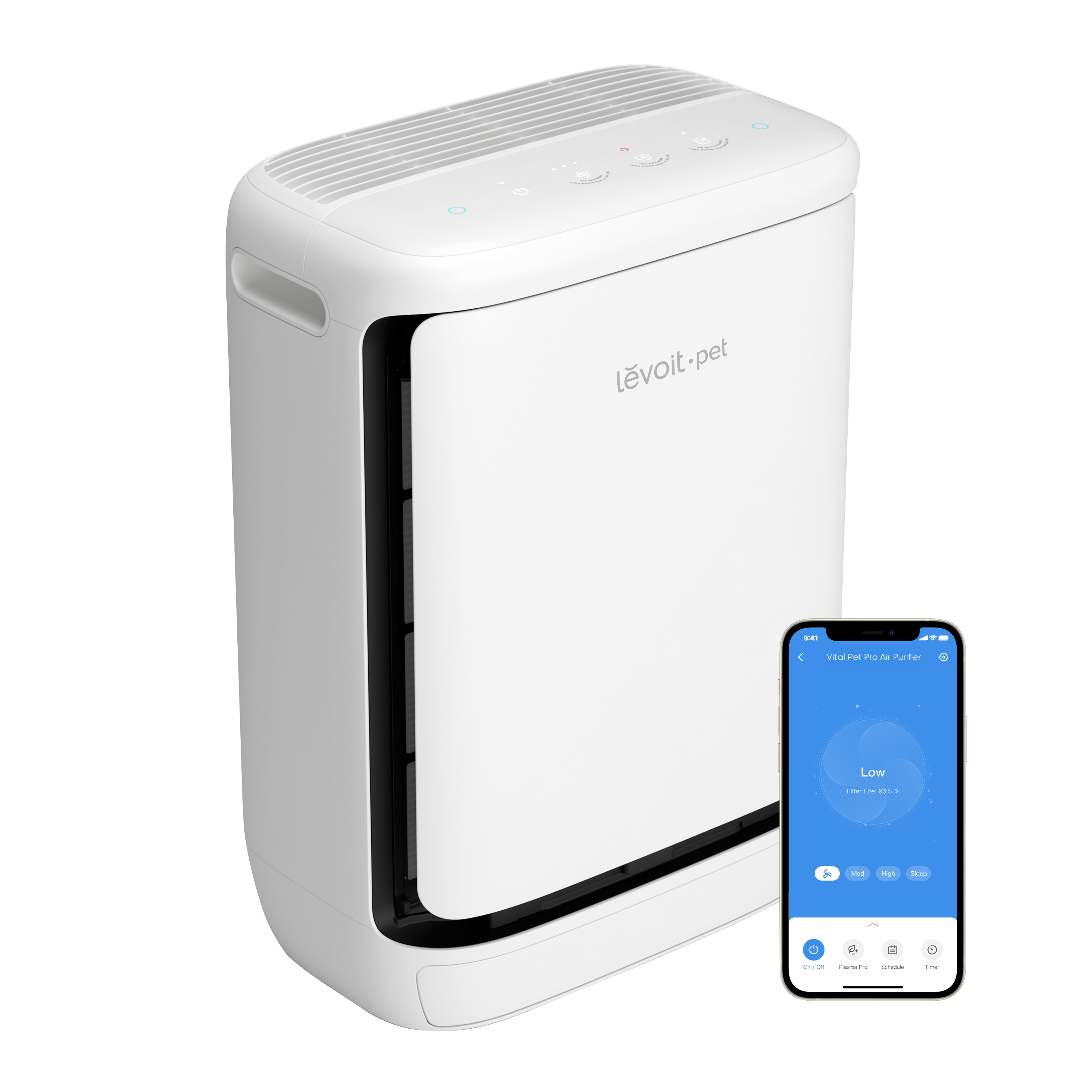 Levoit smart air purifier with app control shown, white unit with side handle and top buttons
