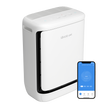 Levoit smart air purifier with app control shown, white unit with side handle and top buttons