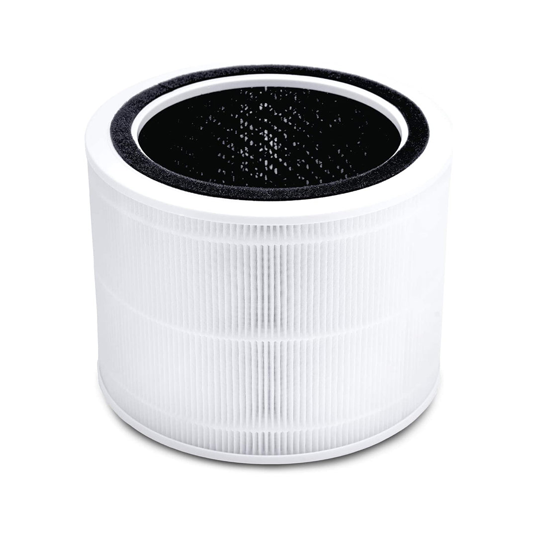 Air purifier replacement filter, white cylindrical pleated filter with dark top seal