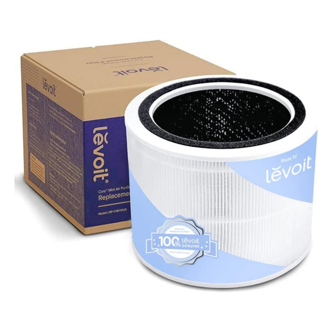 Levoit replacement air filter with white pleated cylinder and matching product box