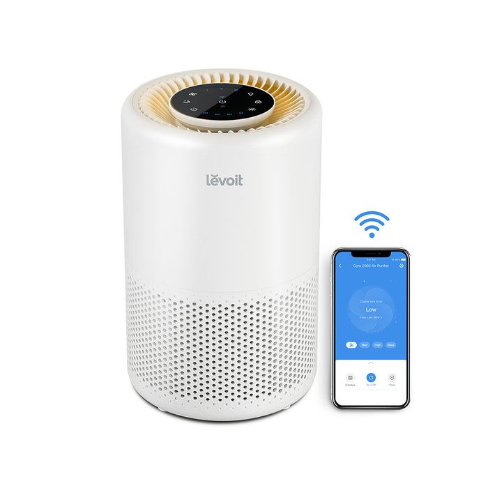 White Levoit Core 200S smart air purifier with top touch control panel