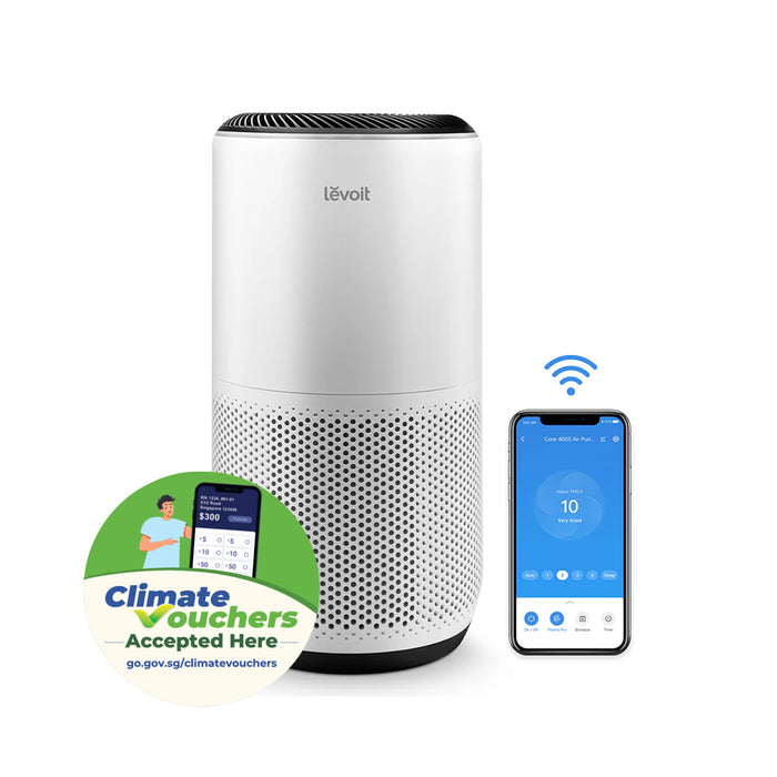 White Levoit air purifier with climate voucher badge and phone app screen