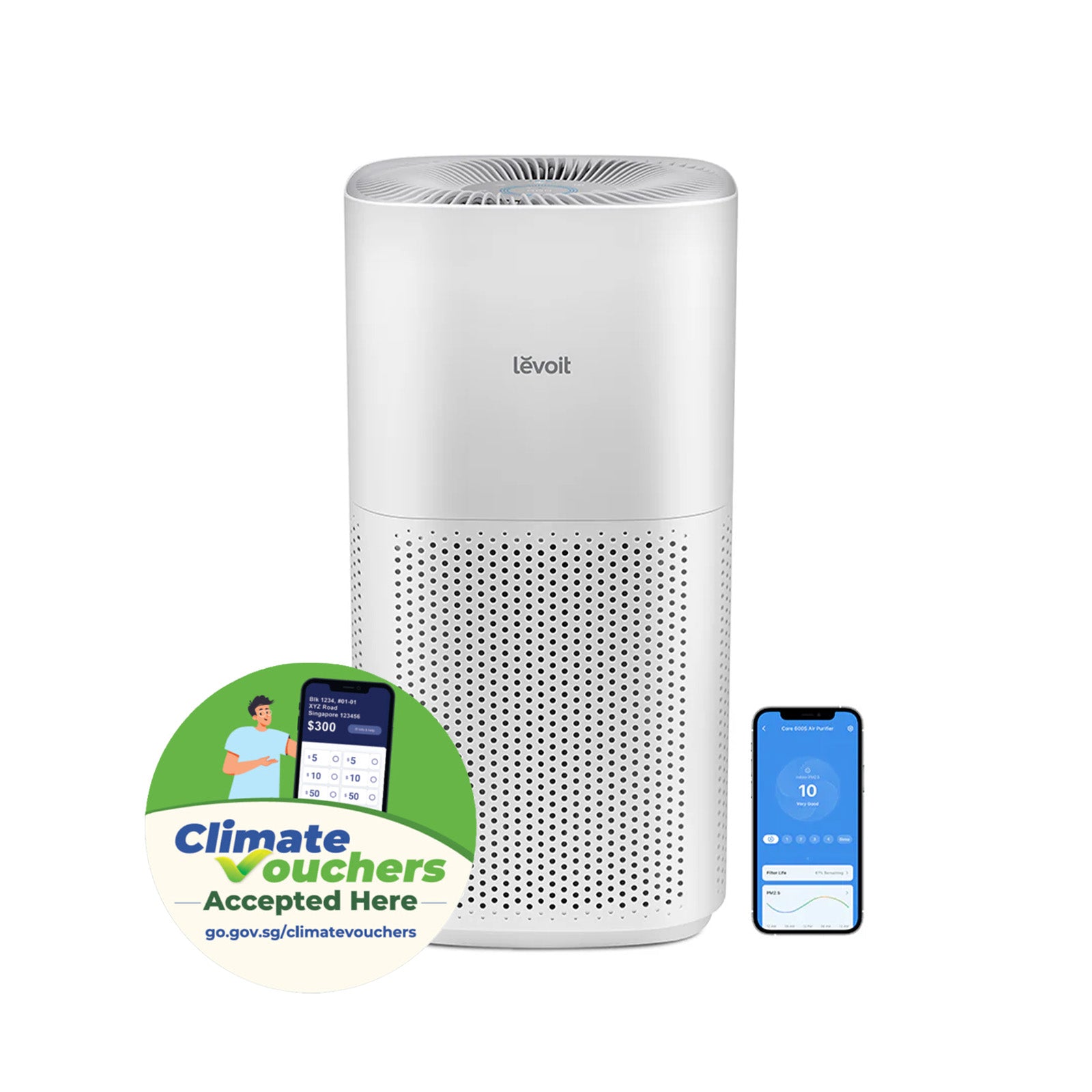 White Levoit air purifier with top grille and front perforated vent