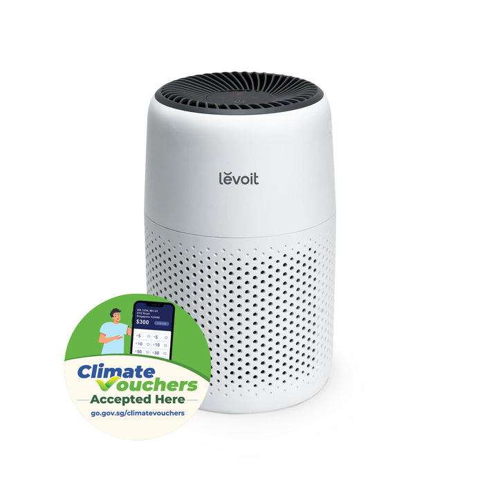 Levoit Core Mini air purifier, white cylinder with Climate Vouchers accepted here badge