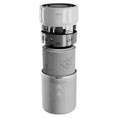 White Levoit air purifier shown with open filter compartment and internal parts