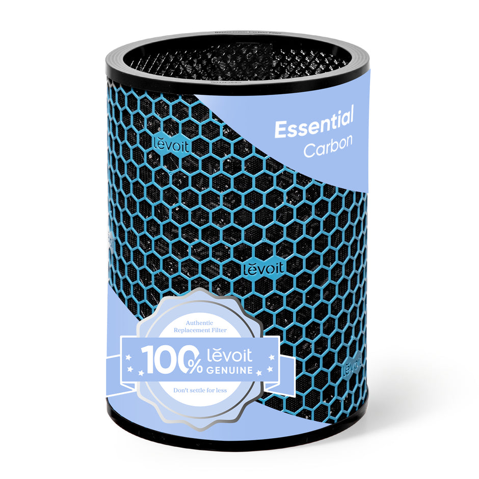 Activated carbon filter with blue hex mesh housing and black top, Essential carbon