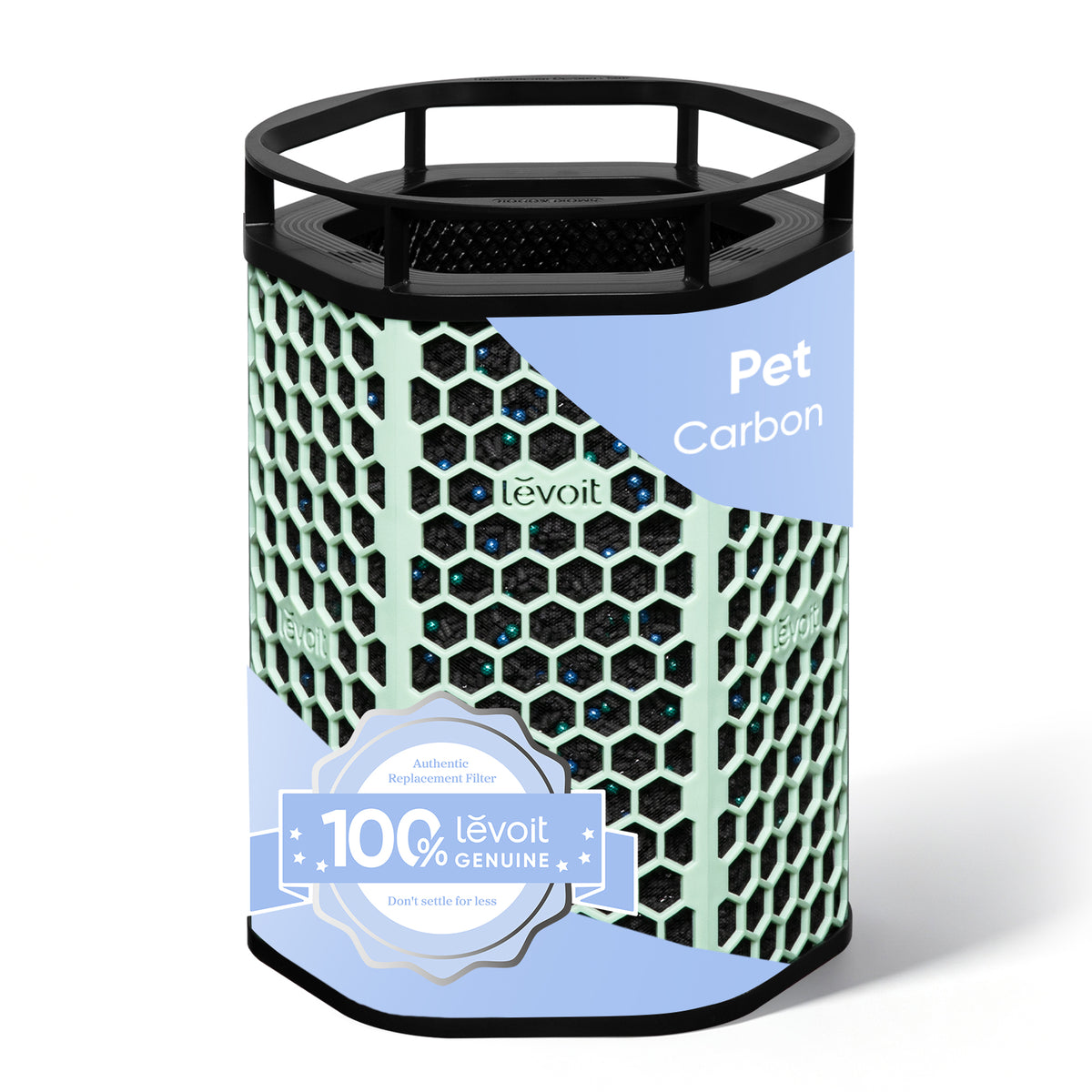 Activated carbon filter with green hex mesh housing and black top, Pet carbon