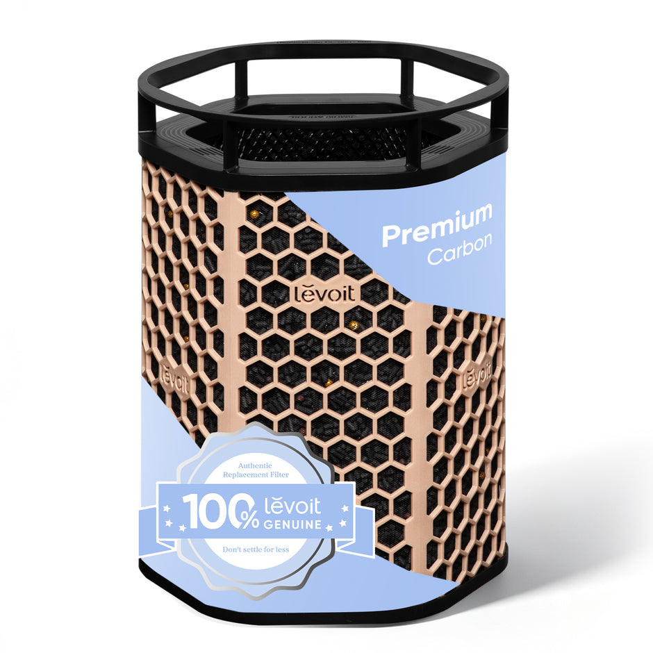 Activated carbon filter with beige hex mesh housing and black top, Premium carbon
