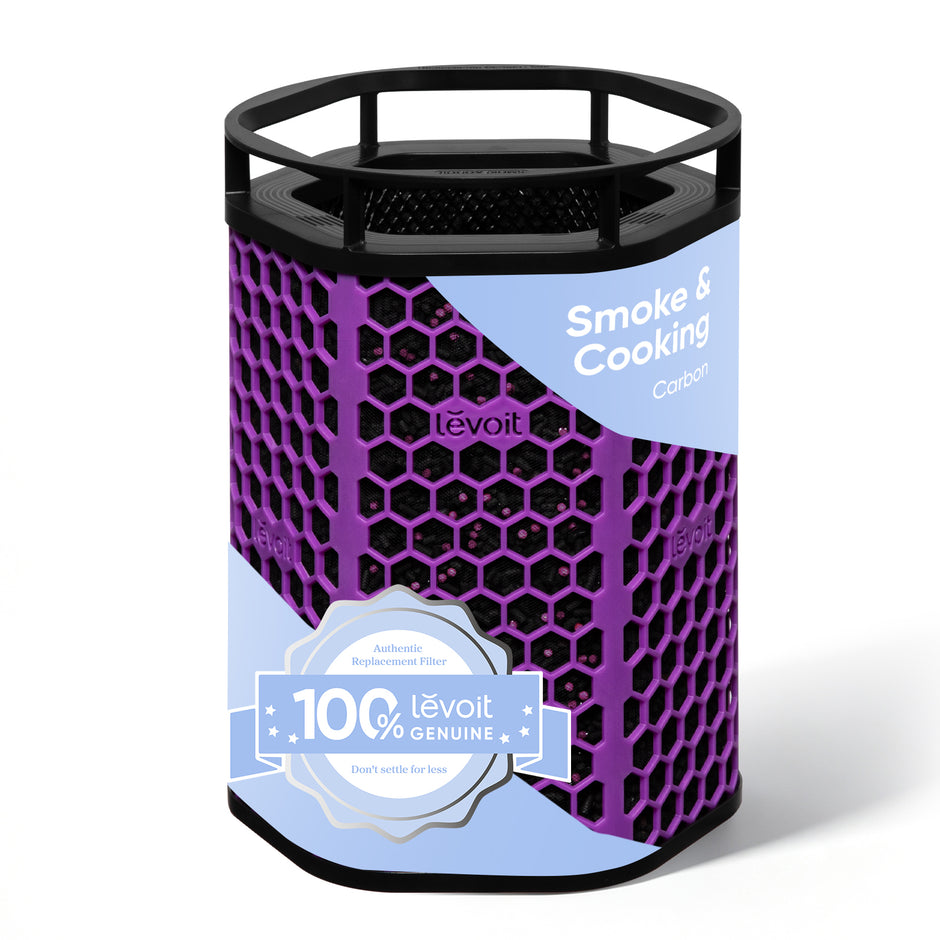 Activated carbon filter with purple hex mesh housing and black top, Smoke & Cooking carbon