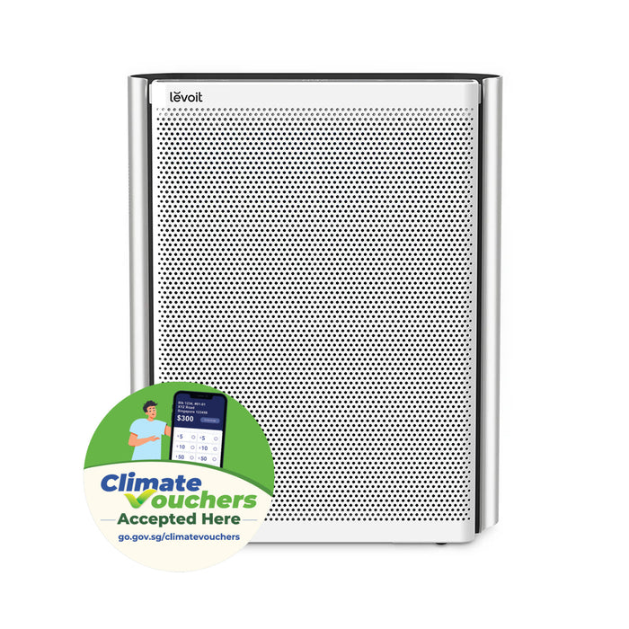 Levoit air purifier with perforated front panel, white body, and black top controls