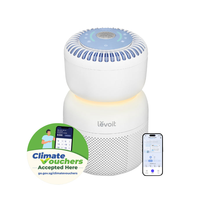 Levoit smart air purifier with Climate Vouchers Accepted Here badge and app screens