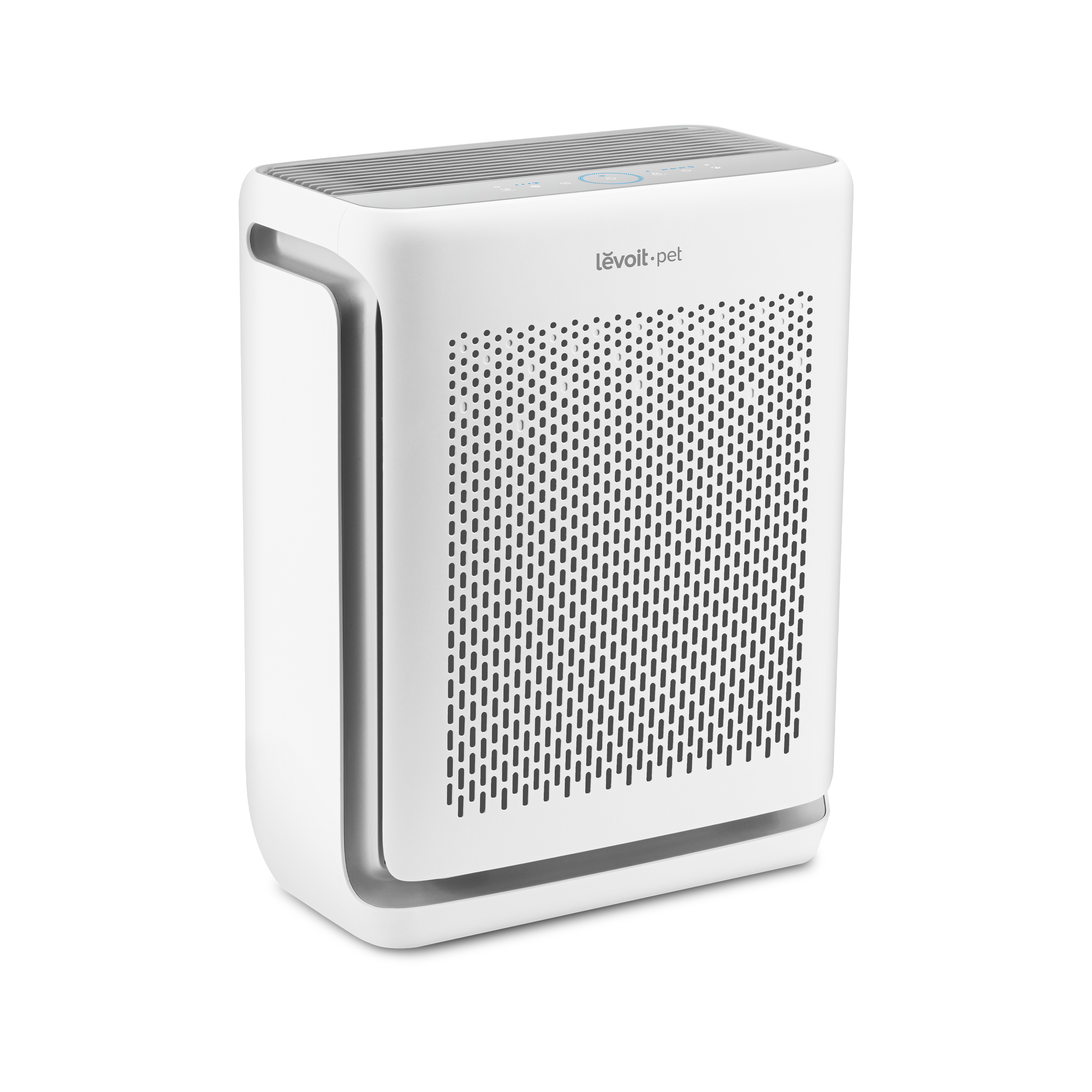 Levoit smart air purifier with perforated front panel and top button strip, white body