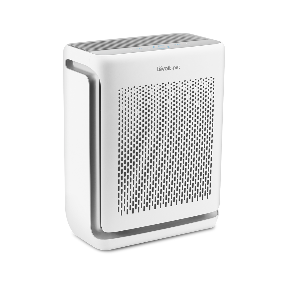 Levoit smart air purifier with perforated front panel and top button strip, white body